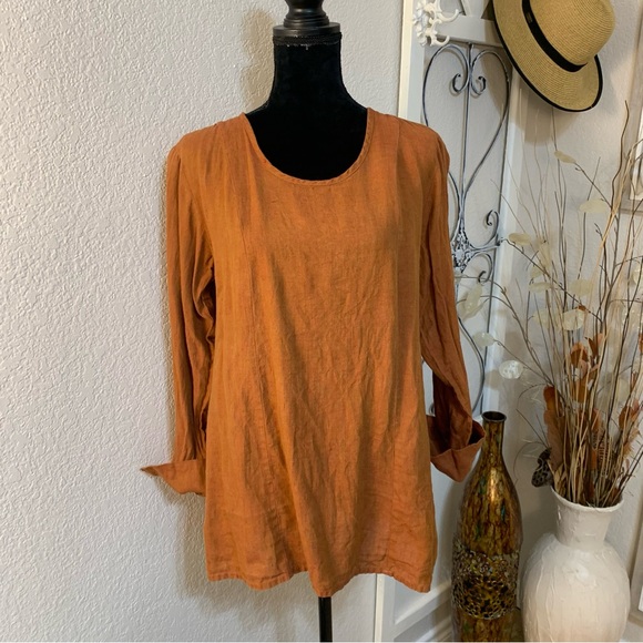 . Flax linen tunic linen top shirt in burnt orange color. - Picture 1 of 9